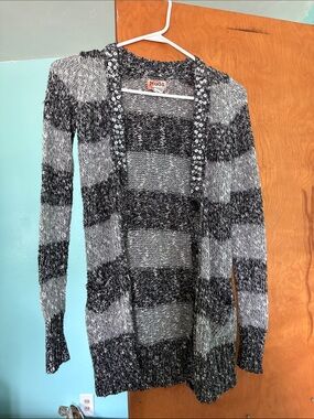 Mudd Black & Gray Striped Open-Front Cardigan with Embellished Trim